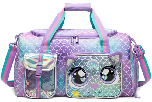 Resväska för barn flickor pojkar simväska barn duffle bag sportväska med skofack duffel sport bära på weekender barn duffelväska, sjöjungfru katt, 50 x 22 x 27 cm, avslappnad