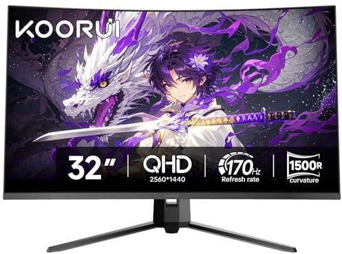 KOORUI 32 inch Curved Gaming Monitor,1440p(2560x1440),170Hz.1ms, 2K, QHD,VA 1500R, HDR10,Adaptive Sync, VESA & Eye Care Ultra-Thin Support DP/HDMI G3221SC