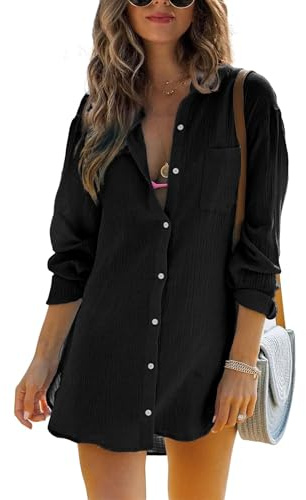 Cicy Bell Camicetta a Maniche Lunghe da Donna Top in Cotone Estivo Camicia abbottonata Abito da Spiaggia Bikini Copricostume, Nero, S