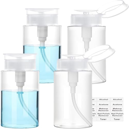 Push Down Pump Dispenser, 6.8oz Clear Pump Bottles with Alcohol, Acetone, Nail Polish Remover, Makeup Remover, Toner Stickers Empty Push Top Container for Liquid (200ml-4Pack)