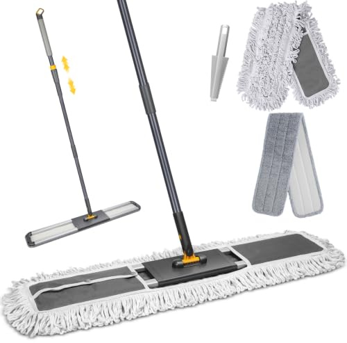 MASTERTOP 90cm Balai Serpillere Professionnel, Balai Serpillière Microfibre | Manche Télescopique, Vadrouille Industriel Aluminium Rotative 360° pour Bureau, Entrepôt, Garage, 2 Tampons (Gris)