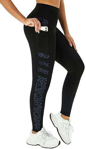 Enjoyoga Sport Leggings Damen mit Tasche - High Waist Sporthose Push Up Laufhose Blickdicht Sportleggins Lang für Sport Gym Yoga - M/0302 X -Schwarz Leopard