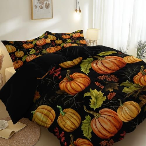 Halloween Bettwäsche Set 135x200 cm 3-Teilig Retro-Stil Kürbis Blätter Orange Grün Weiches Atmungsaktives Bettwäsche-Set Mit Reißverschluss Bedruckter Wendebettbezug Für Kinderzimmer Schlafzimmer