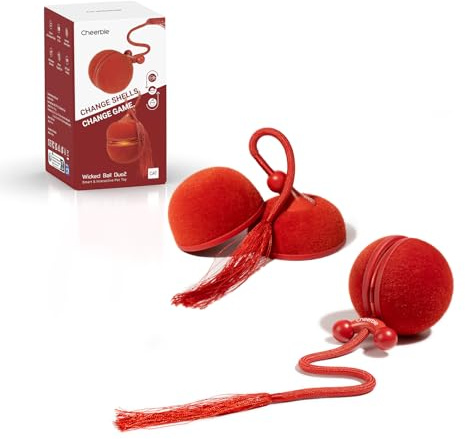 Cheerble 2 in 1 Interaktives Katzenspielzeug, Wicked Ball Duo2, Rot | Elektrisch rollender Katzenball und Kreisel mit 3 Modi & 6 Kombinationen, Zwitschern, LED-Lichtern, Perfektes für Katzen