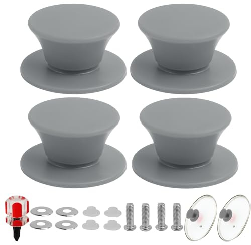 FunWorth Silicone Pan Lid Knob, 4 Pack Universal Cooking Pan Knob Handle | Grey. 4 universal lid cover knobs, heatproof 232C. Includes screws, washers, screwdriver. Fits pans, pots, skillets