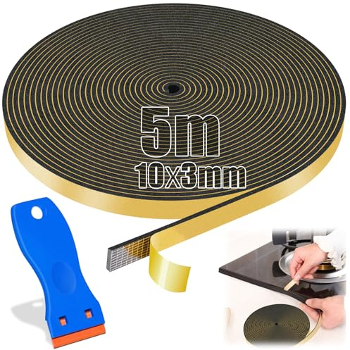SWTYExt 5m Dichtband Spüle 10mm x 3mm Ceranfeld Dichtungsband mit Schaber | Dichtband Selbstklebend, Moosgummi 3mm, für Kochfeld, Herdplatte, Induktionskochfeldes
