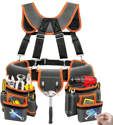 JUSTHERE Werkzeuggürtel, professionelle Werkzeuggürtel für Herren, 81,3 - 152,4 cm, größenverstellbar, magnetische Werkzeugtasche mit Hosenträgern und mehreren Taschen, abnehmbarer Werkzeuggürtel für