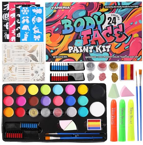 VANERIA Peinture Corporelle - 24 Colors Palette Maquillage Halloween, 3 Stylo à Peinture Fluorescente, 2 Peigne Pour Teinture Capillaire,4Pochoirs, 2 Autocollants,2Pinceaux Pour Halloween,Festival