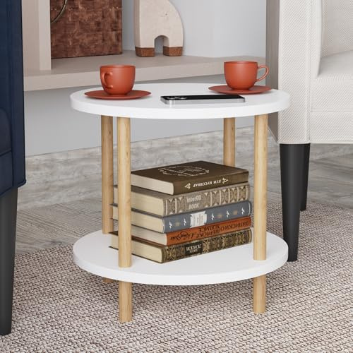 [en.casa] Beistelltisch rund VES Wohnzimmertisch mit unterer Ablage 49 x Ø 42 cm Nachttisch Sofatisch Weiß mit Holzoptik