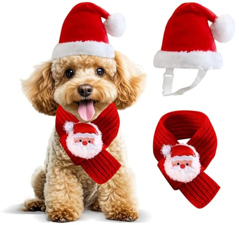 Weihnachtsmütze und Schal für kleine Hunde, verstellbare Weihnachtsmütze für kleine Hunde, Katzen, halbgepolstert mit weißem Pompon, gestrickter Schal für Katze und Hund, Weihnachtsmann-Motiv (Hut und