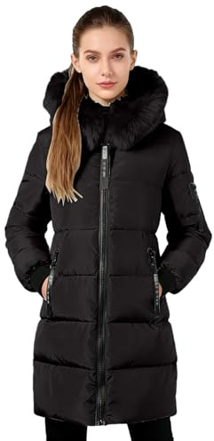 KODMNSW Wintermantel Damen Daunenjacken Winterjacke mit Fellkapuze Warme Parka Daunenmantel Steppmantel Lang Puffer Jacke Frauen Hybrid Jacke Winterparka Puffermantel Winter Jacket Schwarz M