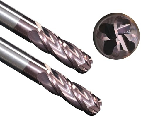 WEXWE Tools Carbide Ball End Mill Bits, 4 Flutes TISIN Coating, Cutting for Alloy Steel, Hardened Steel Stainless Steel, 1/8 Shank,(1/8-2 2pcs)