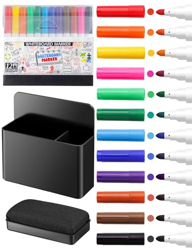 NiArt Magnetischer Whiteboard Stiftehalter Set, 12 Marker | Stifthalter Magnetisch Mit Schwamm, Zubehör für Kühlschrank, Schule, Büro & Zuhause (Schwarz)