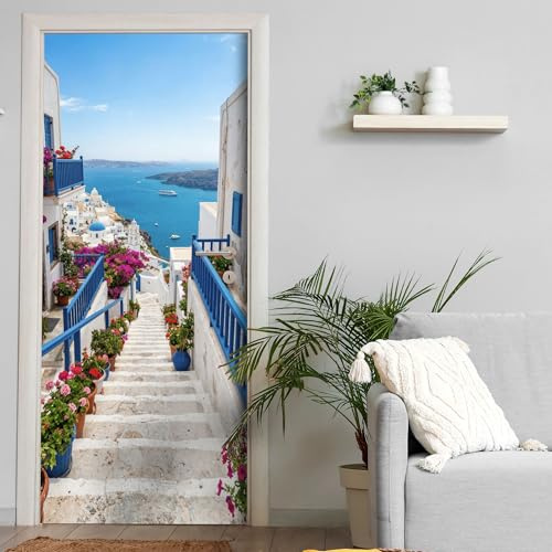 Türtapete selbstklebend blasenfrei | 200 x 90 cm Griechisches Dorf Meer Gasse | Tür Aufkleber Türfolie | Einteilig | Wasserfest 3D Türaufkleber Klebefolie Türposter Möbelfolie
