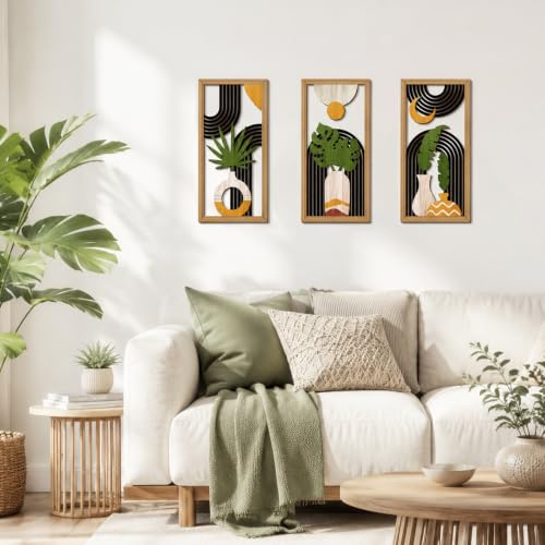 KiKiHong 3 Stück Boho Wanddeko Holz,Holz Wanddekoration | Botanischem Muster Geometrische Formen für Wohnzimmer,Schlafzimmer,Büro,Heimdekoration,40 x 20 cm
