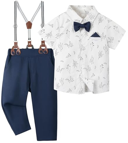 Volunboy Formell kostym för bebis pojke, kortärmad sparkdräkt med byxor, basker och fluga, elegant bröllopsset, Marinblå, 4-5 år
