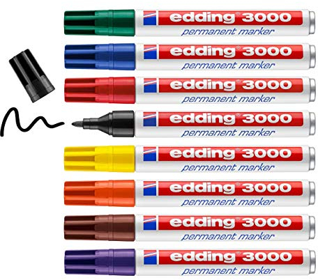 edding 3000 Permanentmarker - Stifte-Dose - 8 Farben-Set - Rund-Spitze 1,5-3 mm - schnell trocknender Permanent Marker - wasserfest, wischfest - für Karton, Kunststoff, Holz, Metall - Etui