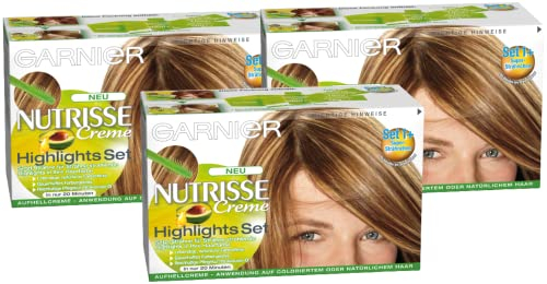 Garnier Strähnchen Set, Creme Highlights Set 1 für helle Strähnchen, Strähnen Set zum selber machen für hellblondes Haar (mit Avocado-Öl), Nutrisse, Hellblond, 3 Stück