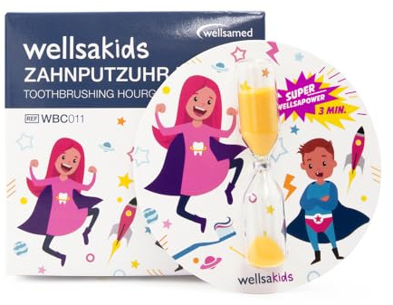 Wellsamed wellsakids Zahnputzuhr, farbenfrohe Kinder Sanduhr bunt, selbstklebend rund 3 Minuten
