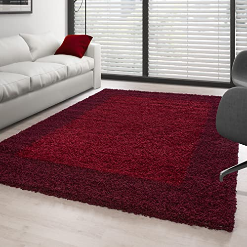 Carpettex Hochflor Teppich Wohnzimmer Shaggy Flokati Teppich Modern Bordüre Design 80 x 150 cm Flur Teppich Läufer Rot - Teppich Bettvorleger Schlafzimmer Weich Flauschig Waschbar Küchenläufer