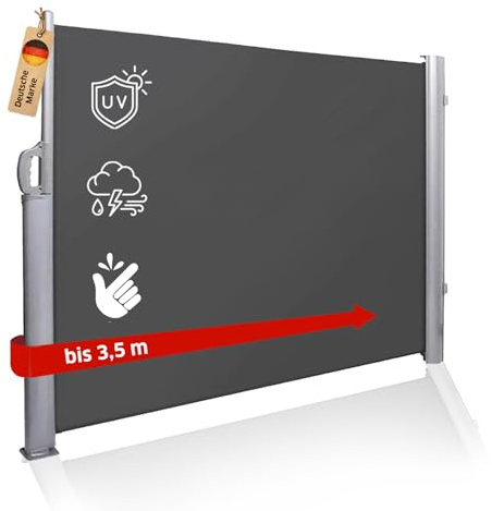 NOOR Seitenmarkise EXKLUSIV - Sichtschutz Blickdicht Anthrazit 1,6 x 3,5 m | Ausziehbarer Sonnen- & Windschutz - wasserabweisend imprägniert, inkl. Befestigungsmaterial für Garten, Balkon & Terrasse