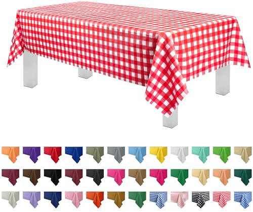 Grandipity 12 Pack Premium Disposable Plastic Picnic Tablecloth 54 Inch. x 108 Inch. Decorative Rectangle Table Cover - Red Checkered Gingham