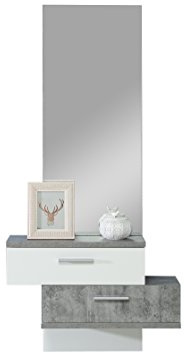 Forte SKIVE Kompaktgarderobe 70 80, weiße Kompaktgarderobe mit Spiegel und 2 Schubladen, Garderobenschrank, Flurschrank, Holzwerkstoff, Betonoptik / Weiß, 75,4 cm breit x 157 cm hoch x 25,6 cm tief
