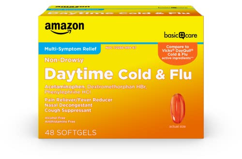 Amazon Basic Care Daytime Cold & Flu Liquid Caps; Cold Care for Daytime Cold and Flu, Orange, 48 Count (Pack of 1)