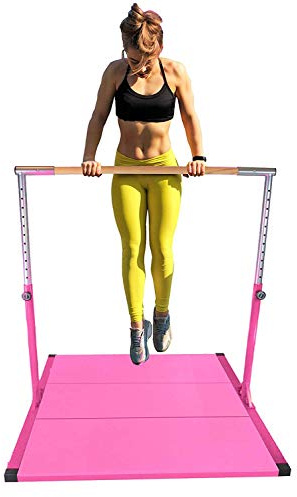 Kids Expandable Kip Bar with Tumble Mat Professional Horizontal Gymnastics Asymmetric Bar 4x6 FT Mat Jungle Gym Height Adjustable 3 to 5 FT Pink