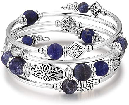 Bulinlin Damen Wickelarmband aus Natur Achat Stein Mehrschichtiges Perlen Silber Armkette Valentinstag Modeschmuck Geschenk