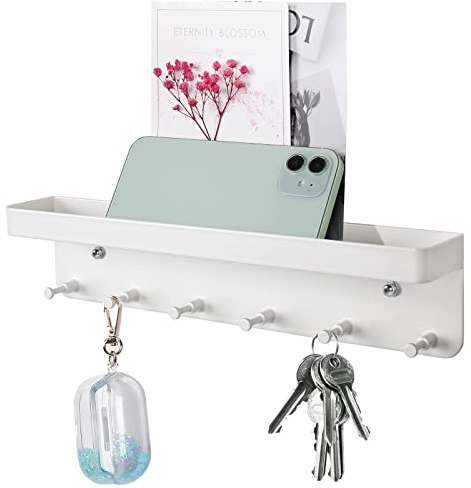 Liakai Edelstahl Schlüsselbrett mit Ablage, 6 Haken Selbstklebend Wand Schlüsselhalter, Kleines Schlüsselhaken für Flur, Eingangsbereich, Küche, Badezimmer (Weiß)