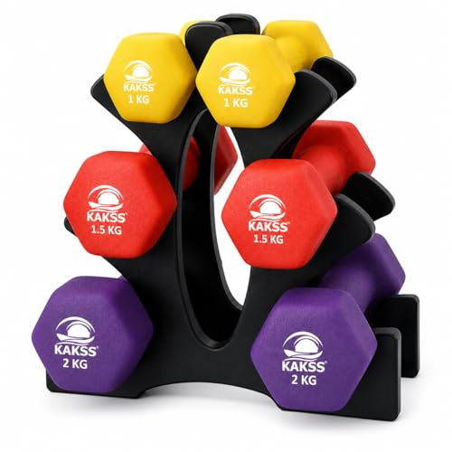 KAKSS Neopren-Hantel-Sets für Fitness-Übungen, hergestellt in Indien, 1 kg + 1 5 kg + 2 kg Paar, Hantel mit Ständer, mehrfarbig