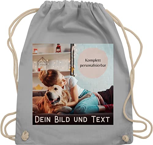 Turnbeutel Rucksack - eigenem - Foto Bild Geschenk I Dein Bild und Text - Unisize - Hellgrau - personalisierte wechselkleidung beutel kita tasche selbst drucken logo stoffrucksack