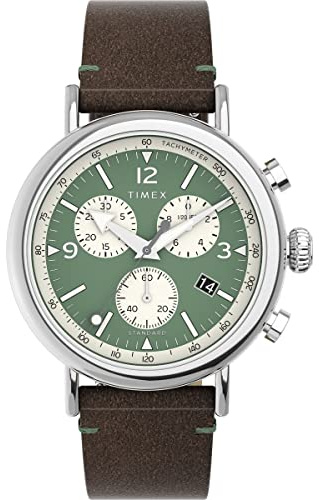 Timex Waterbury Chronograph 41 mm herrklocka - Brunt snabbfrigörande läderarmband i två delar, grön urtavla, silverfärgad boett TW2V71000