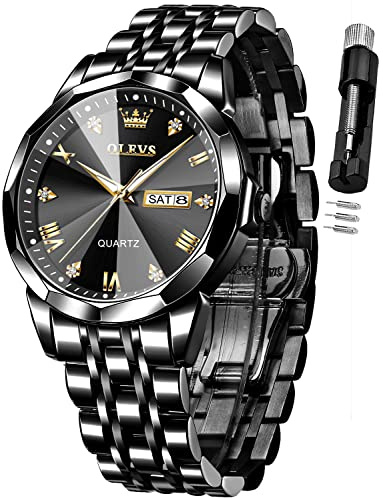OLEVS Watch for Men Diamond Business Dress Analog Quartz Stainless Steel Waterproof Luminous Date Two Tone Luxury Casual Wrist Watch Black