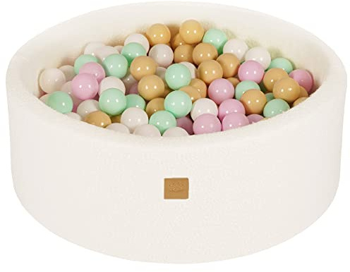 MEOWBABY Bällebad Baby - Rund 90x30cm Baby Pool für Kinder mit 200 Bälle, Boucle, Weiß: Pastellrosa/Minze/Weiß/Beige