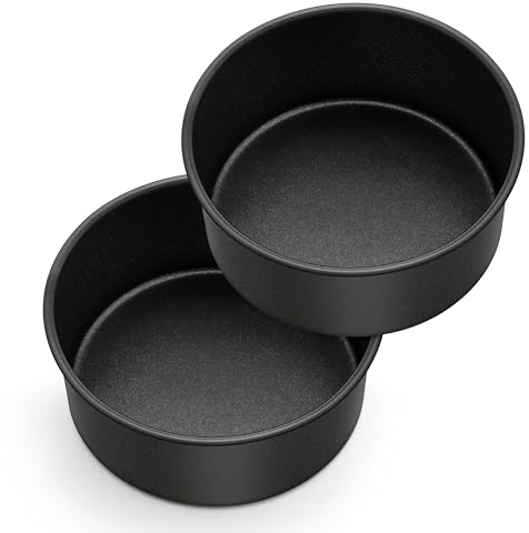 Herogo 6 Inch Cake Tin, Non-Stick Round Stainless Steel Cake Tin Set of 2, 7cm Small Deep Baking Tray for Brownie, Lasagne, Pie, Healthy & Non-Toxic, Durable & Easy Clean (16.3 cm, Black)