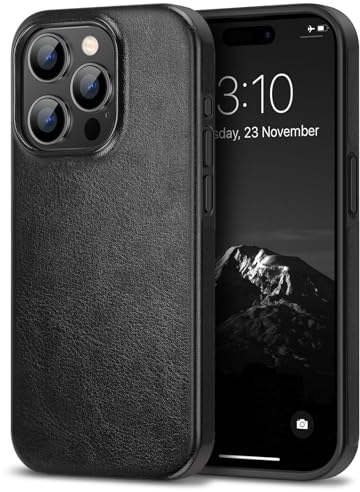 TENDLIN Kompatibel mit iPhone 15 Pro Max Hülle Leder und TPU Silikon Hybrid Handyhülle (Schwarz)