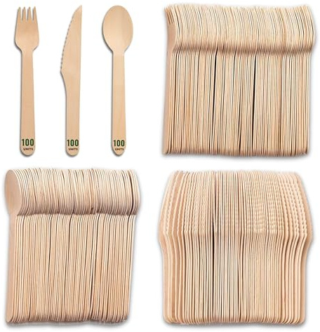 Juego de 100 tenedores + 100 cuchillos + 100 cucharas desechables de madera, cubiertos desechables, ideal para picnics y eventos