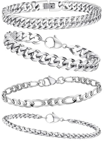 LETTERASHQP 4 Stücke Armband Herren Edelstahl Armband Silber 19cm/21cm Armbänder Schmuck Kubanische Armbänder Armbandset Herren Männer Geschenk für Papa Freund