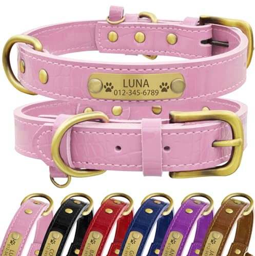 Senristar Personalisierte Hundehalsband aus Echtem Leder mit Eingraviertem Namensschild - Langlebiges und Stilvolles Hundehalsband für Kleine, Mittlere und Große Hunde (XS, Rosa)