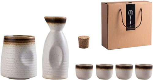 Japanese Sake Cup Set Sake Set 6-Piece with Warmer Ceramic with Gift box packaging,E (B)