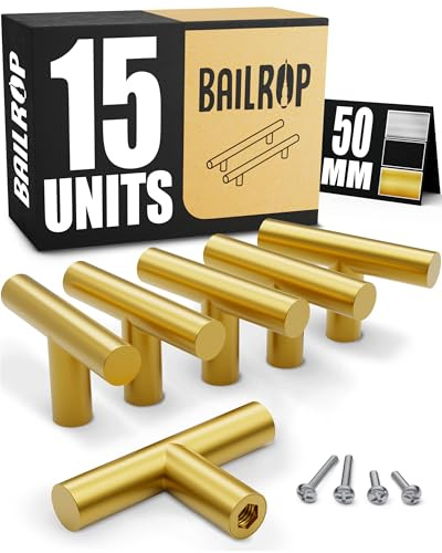 BAILROP Tiradores Dorados Cocina y Armario Tiradores Armario Dorados – Pomos para Puertas y Muebles de Cocina (15 PCS)