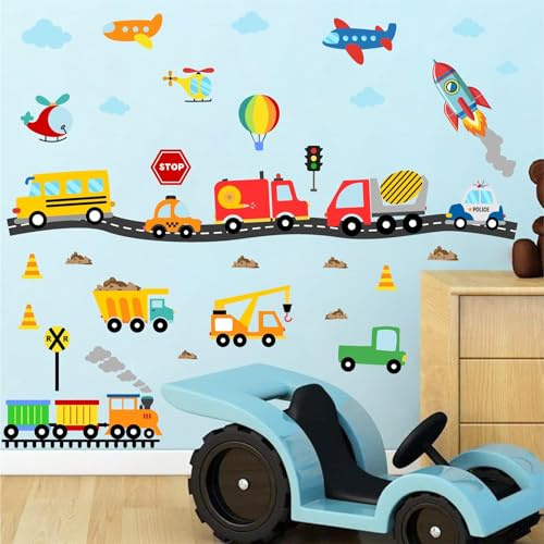 Vehicles Wall Stickers Cartoon Car Wall Decals Construction Road Wall Stickers City Car Transport Truck Stickers Transportation Wall Decals for Kid Room Boys Bedroom Playroom Decor