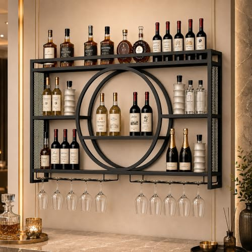 Modernes Metall Weinregal Wand, Bar-Einheit Schwebendes Regal, Weinregale Display Rack Aus Eisen, Bar Regale Wand mit Weinflaschenhalter und Glasregal für Home, Restaurant, Bars (Black,100x15x80cm)