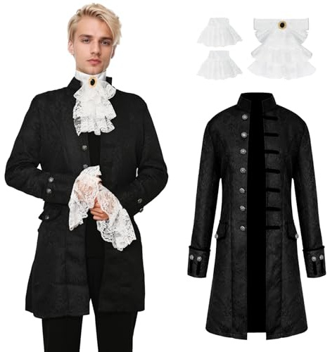 YORDET Herren Gothic Steampunk Mantel Mittelalter Vintage Gehrock Viktorianischen Gehrock Button Uniform Halloween Karneval Cosplay Kostüm (Schwarz, L)