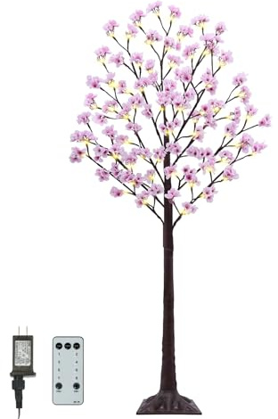 5FT Lighted Cherry Blossom Tree - Faux Artificial Light Up Cherry Blossom Tree with 80 Lights, 240 Lush Flowers, Timer, Remote 8 Modes Pink Tree for Spring Wedding Party Indoor Outdoor Decor