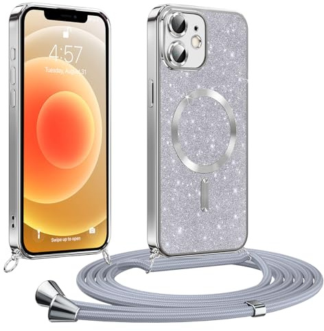 Phoona handyband Hülle für iPhone 12 mit Band, Glitzer Handyhülle Kompatibel mit MagSafe, Ganzkörperschutz Kratzfeste Stossfest Schutzhülle mit Einstellbar Kette, Silber