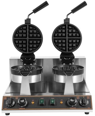 Máquina para hacer gofres giratoria comercial, máquina para hacer gofres de doble cabezal de 2600 W, máquina para hacer gofres redonda de acero inoxidable antiadherente con control de temperatura y
