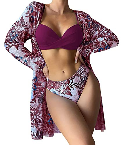 Gefomuofe Bikini da donna, sexy, con push up, a vita alta, a triangolo, per la pancia, per lo sport, bikini con camicetta, Lilla chiaro, XL